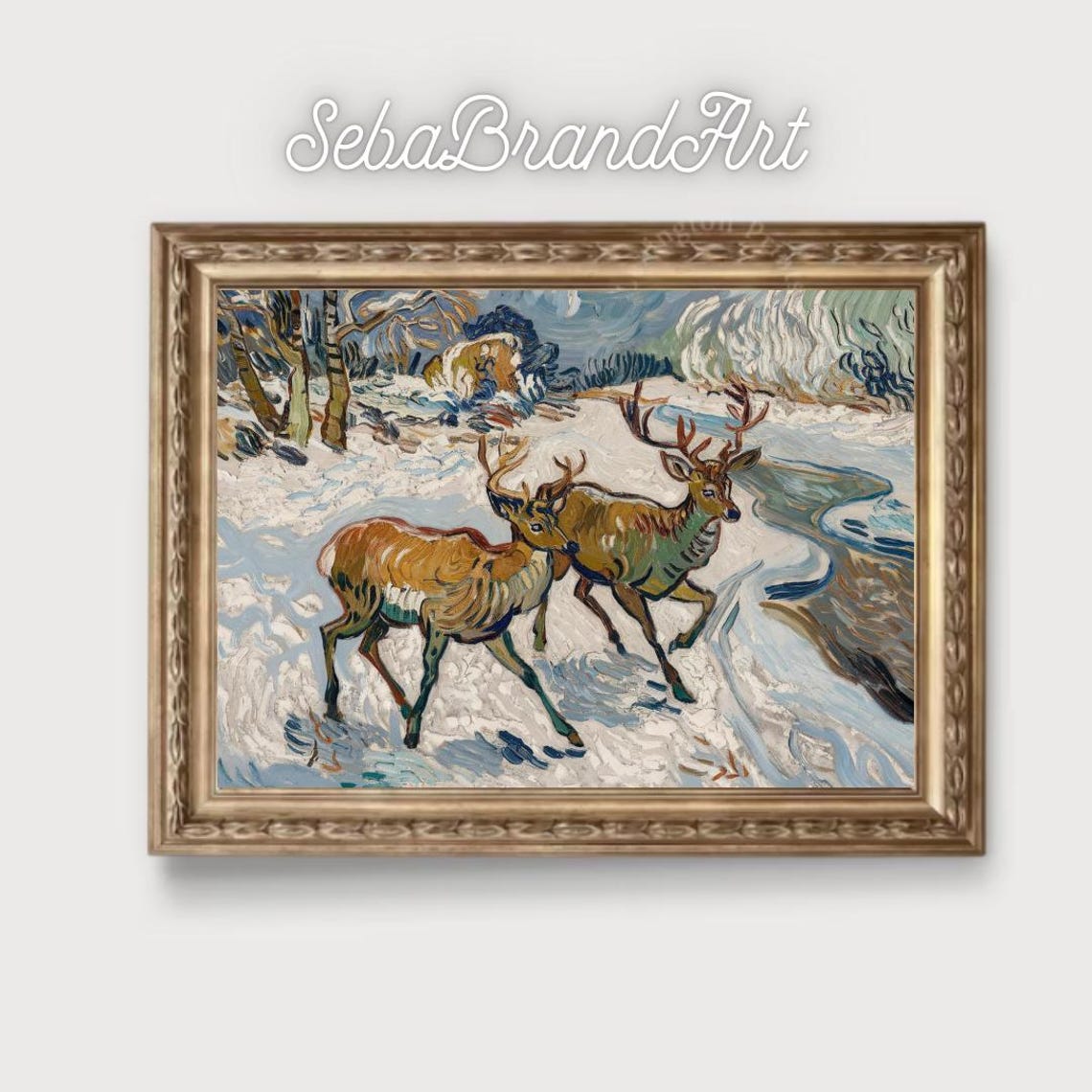 Van Gogh Inspired Deer Pair In A Snowy Forest Winter Wildlife Poster - Image 2