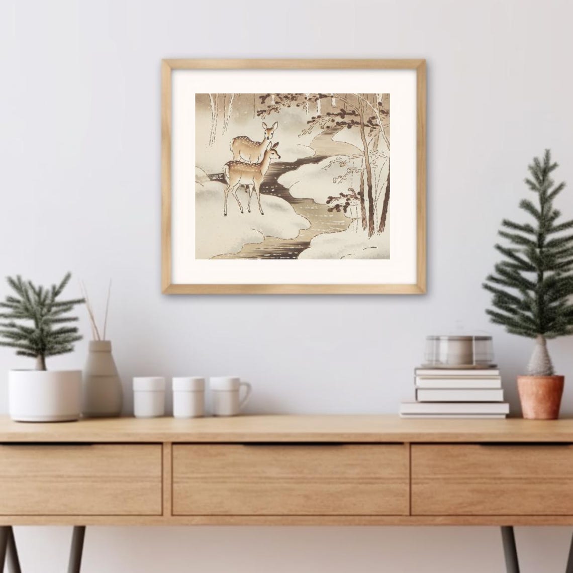 Two Spotted Deer By Dark Stream In Snowy Woods Ink Wash Art Poster - Image 3