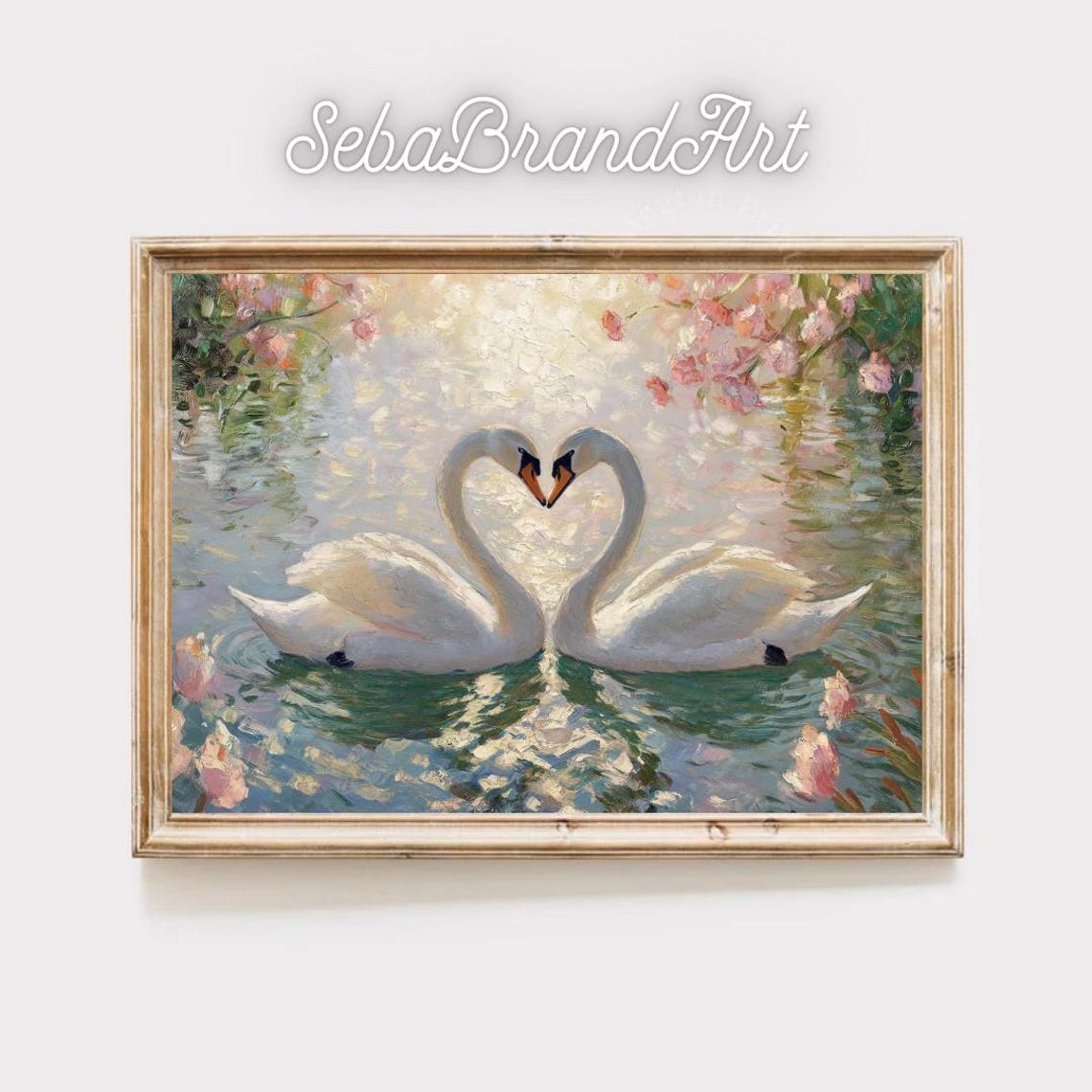 Two Swans Forming A Heart In A Blossom Pond Impressionist Poster