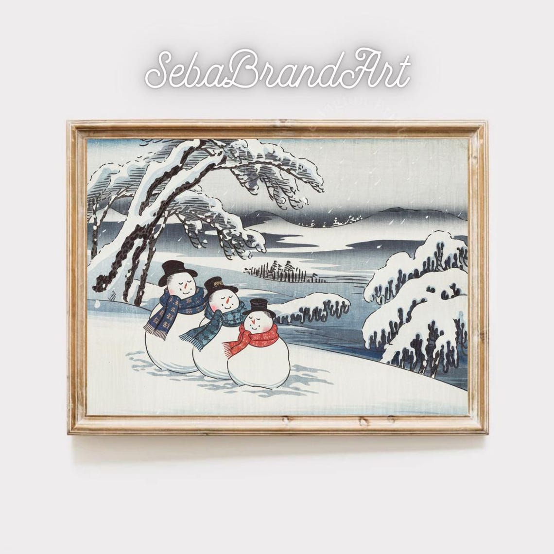 Three Snowmen In Serene Snowy Mountains Japanese Ukiyo E Art Poster