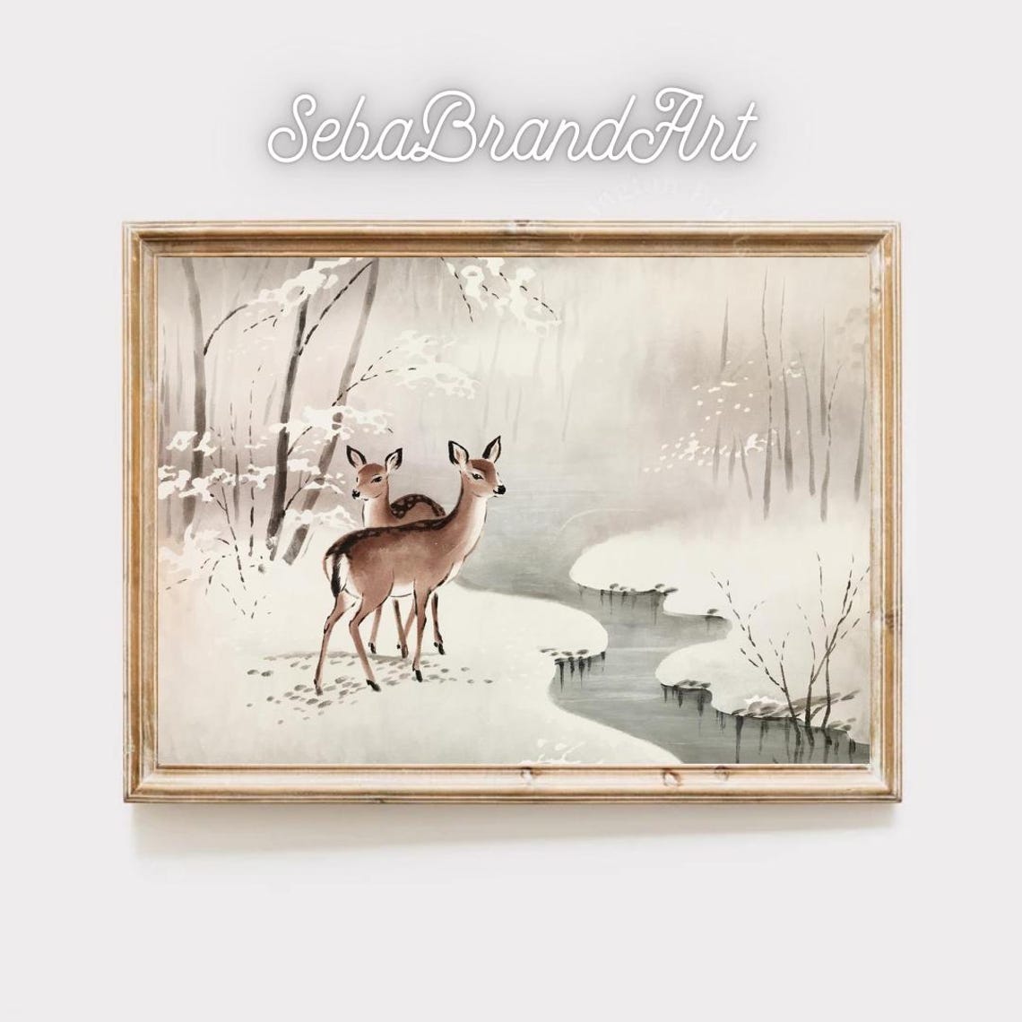 Two Young Deer By A Snowy Stream In A Misty Winter Forest Poster