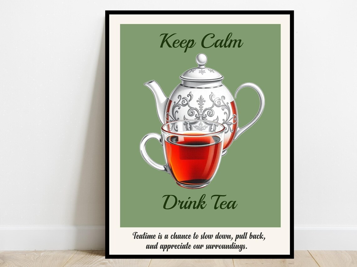 Keep Calm Drink Tea Vintage Kitchen Poster Ornate Teapot Retro Style Decor