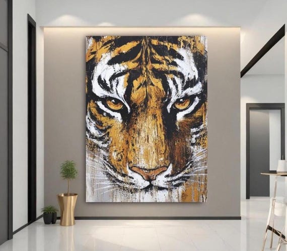 Tiger Canvas Print Large Animal Face Art Original Painting Masculine Jungle Decor Modern Safari Statement Poster