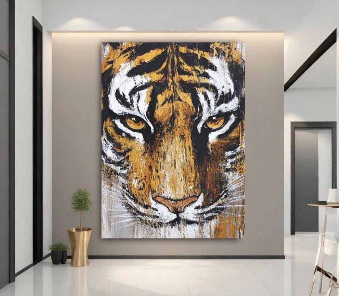 Abstract Tiger Face Gold and White Modern Jungle Wildlife Art Poster