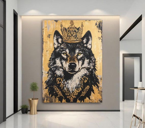Royal Wolf Wall Art Crowned Canvas Print Alpha Animal Painting Modern Luxury Gold Decor Bold Wildlife For Home