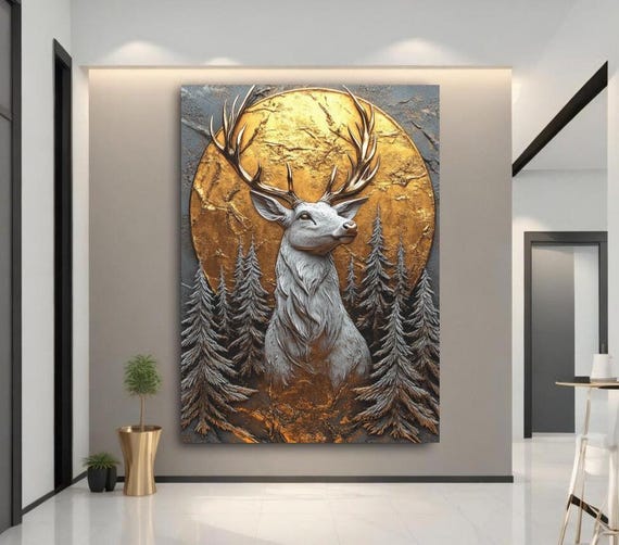 Gold Deer Wall Art Luxury Stag Canvas With Sun And Forest Rustic Cabin Decor Modern Wildlife Artwork Masculine Lodge Print