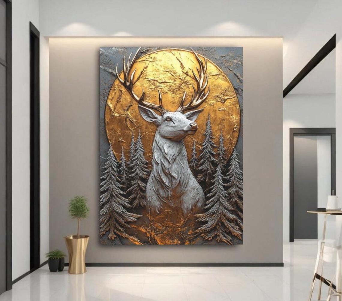 Majestic White Stag Golden Moon Forest Painting Wildlife Wall Art
