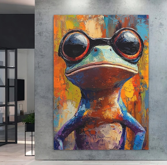 Funny Frog Wall Art Quirky Animal Decor Colorful Canvas Whimsical Trendy Print Modern Unique Gift