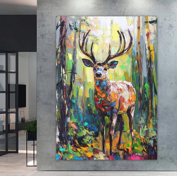 Colorful Deer Canvas Art Forest Wall Print Abstract Stag Painting Wildlife Decor Rustic Cabin Modern Luxury Nature