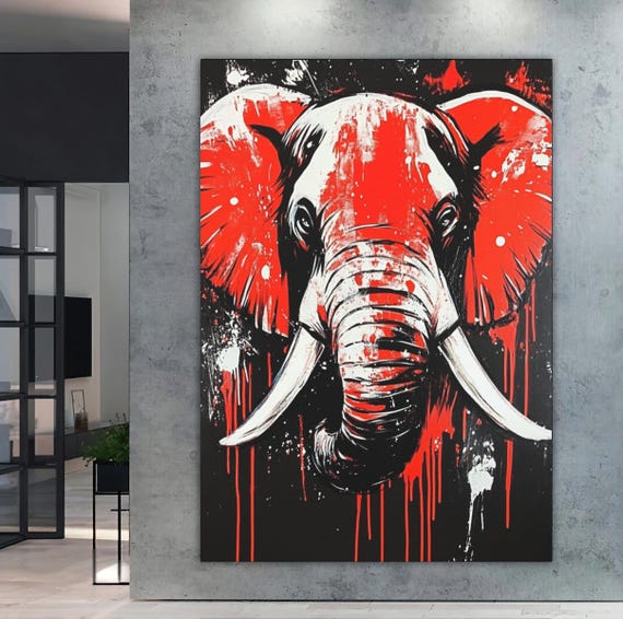 Red Elephant Wall Art Bold African Canvas Decor Abstract Painting Tribal Wildlife Print For Modern Living Room Or Office