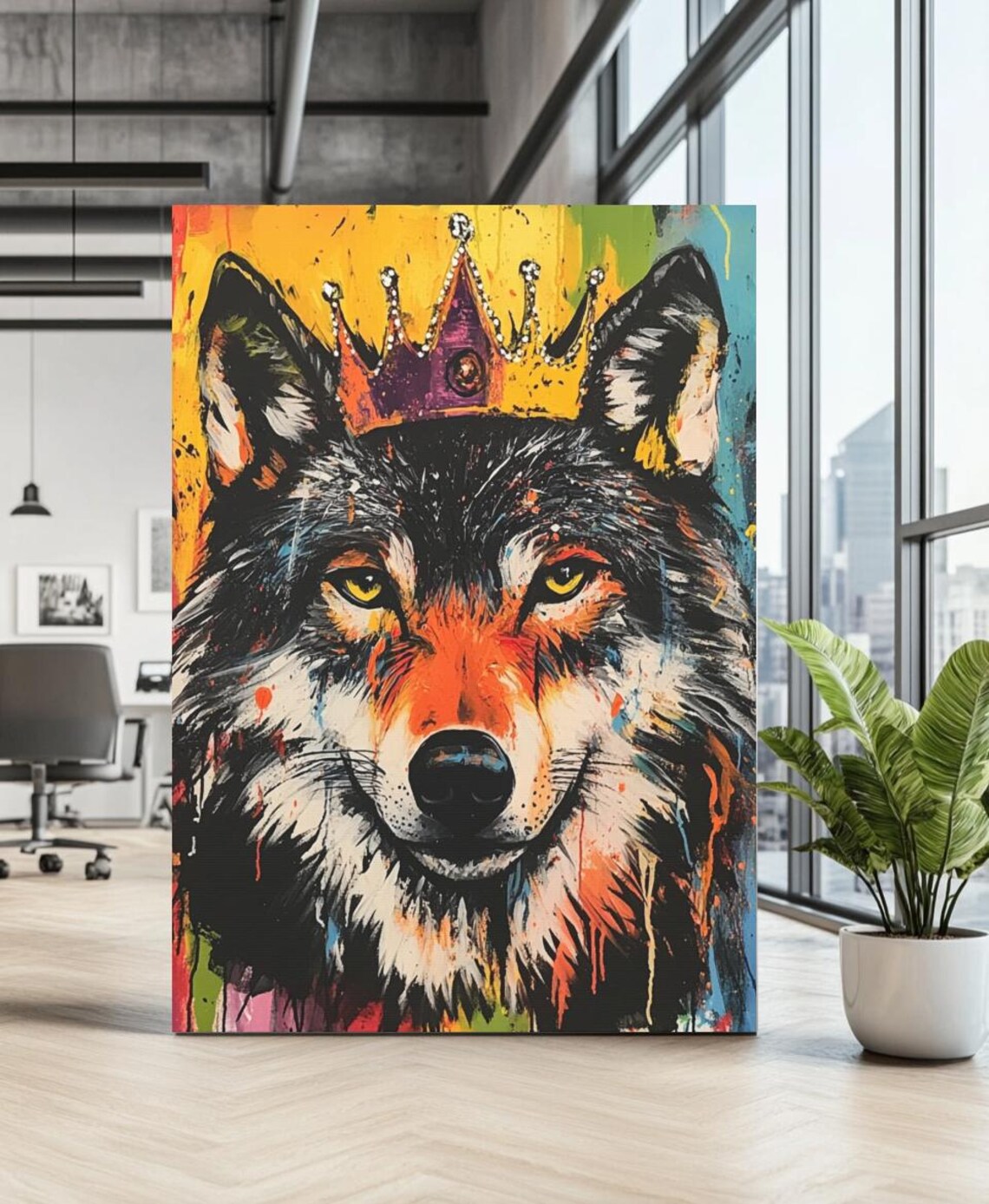 Wolf Wearing Crown Colorful Pop Art Alpha King Wildlife Portrait Poster