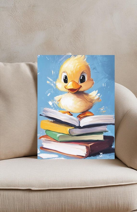Duck Canvas Wall Art Cute Baby On Books Teacher Classroom Decor Nursery Whimsical Animal Print For Kids Room