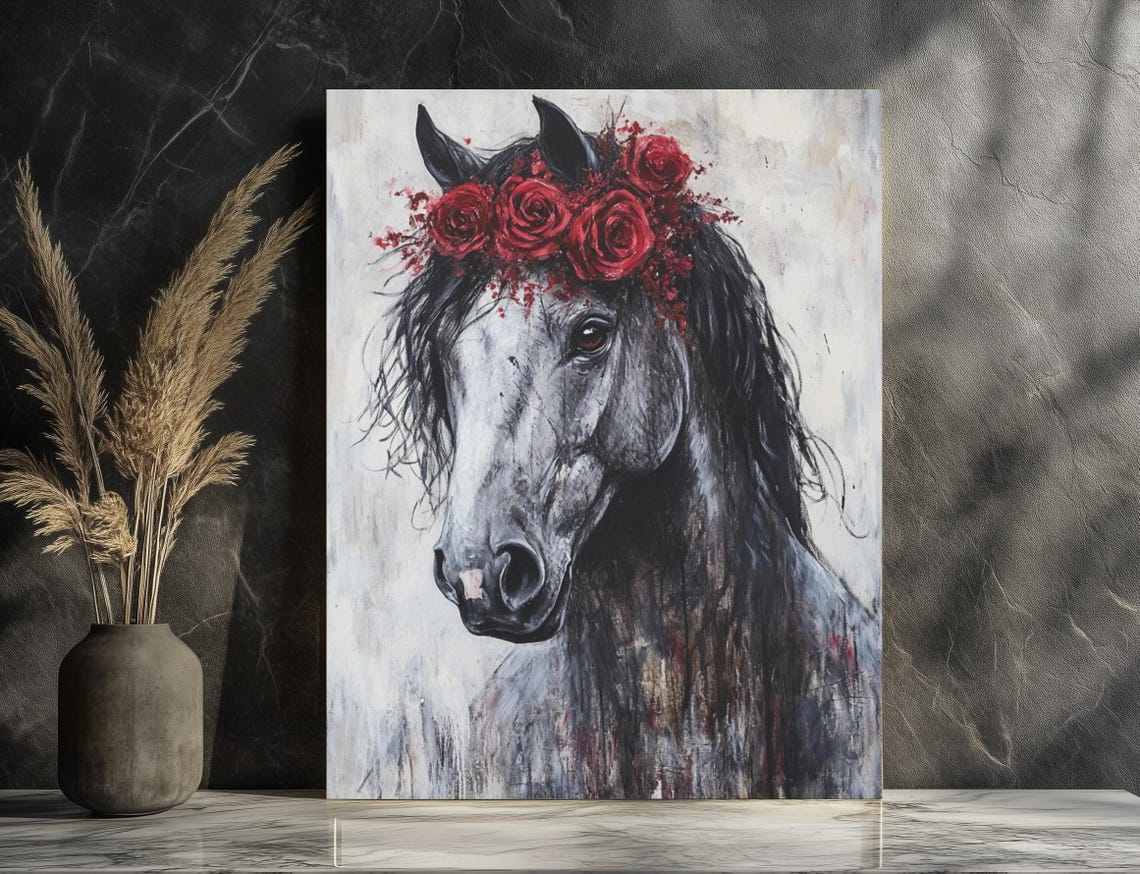 Grey Horse Red Rose Crown Romantic Equestrian Floral Wall Art