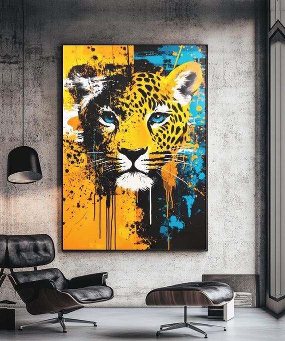 Graffiti Leopard Canvas Wall Art Bold Blue And Orange Jungle Animal Painting Urban Big Cat Poster For Bedroom Office Living Room Decor