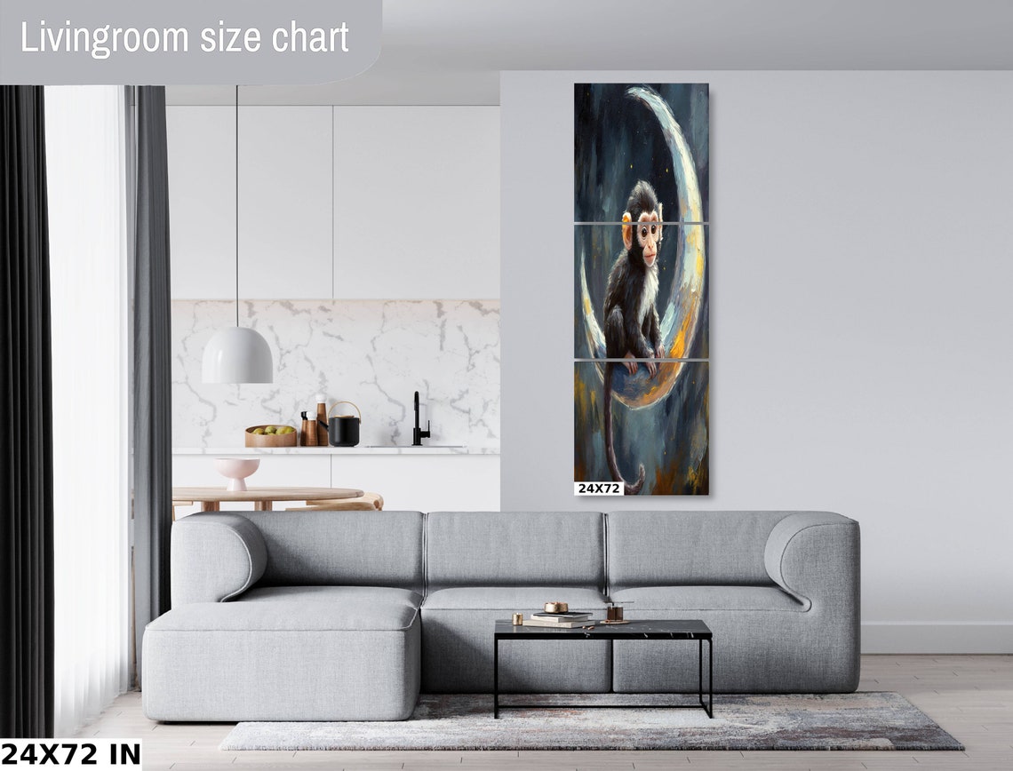 Baby Monkey On Crescent Moon Night Sky Sweet Nursery Wall Art Poster - Image 3