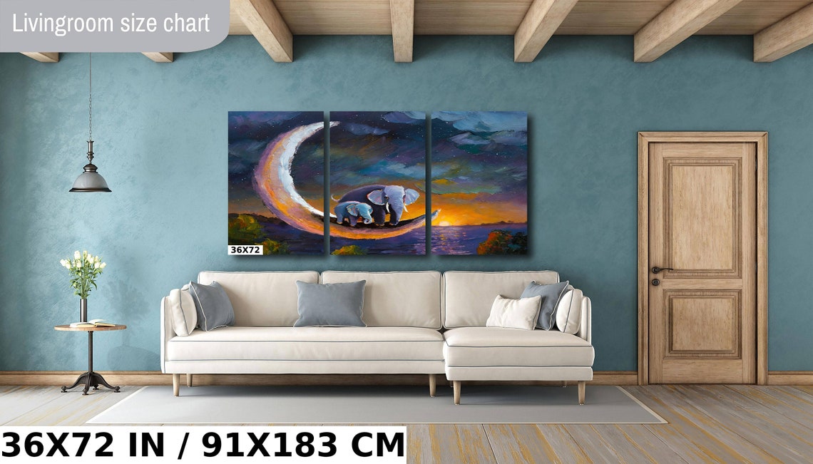 Mother And Baby Elephant On Crescent Moon Ocean Sunset Nursery Poster - Image 2