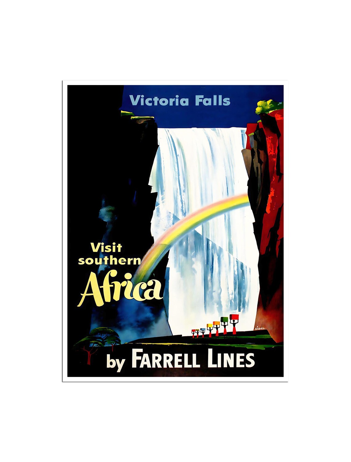 Victoria Falls Rainbow Southern Africa Vintage Travel Line Poster