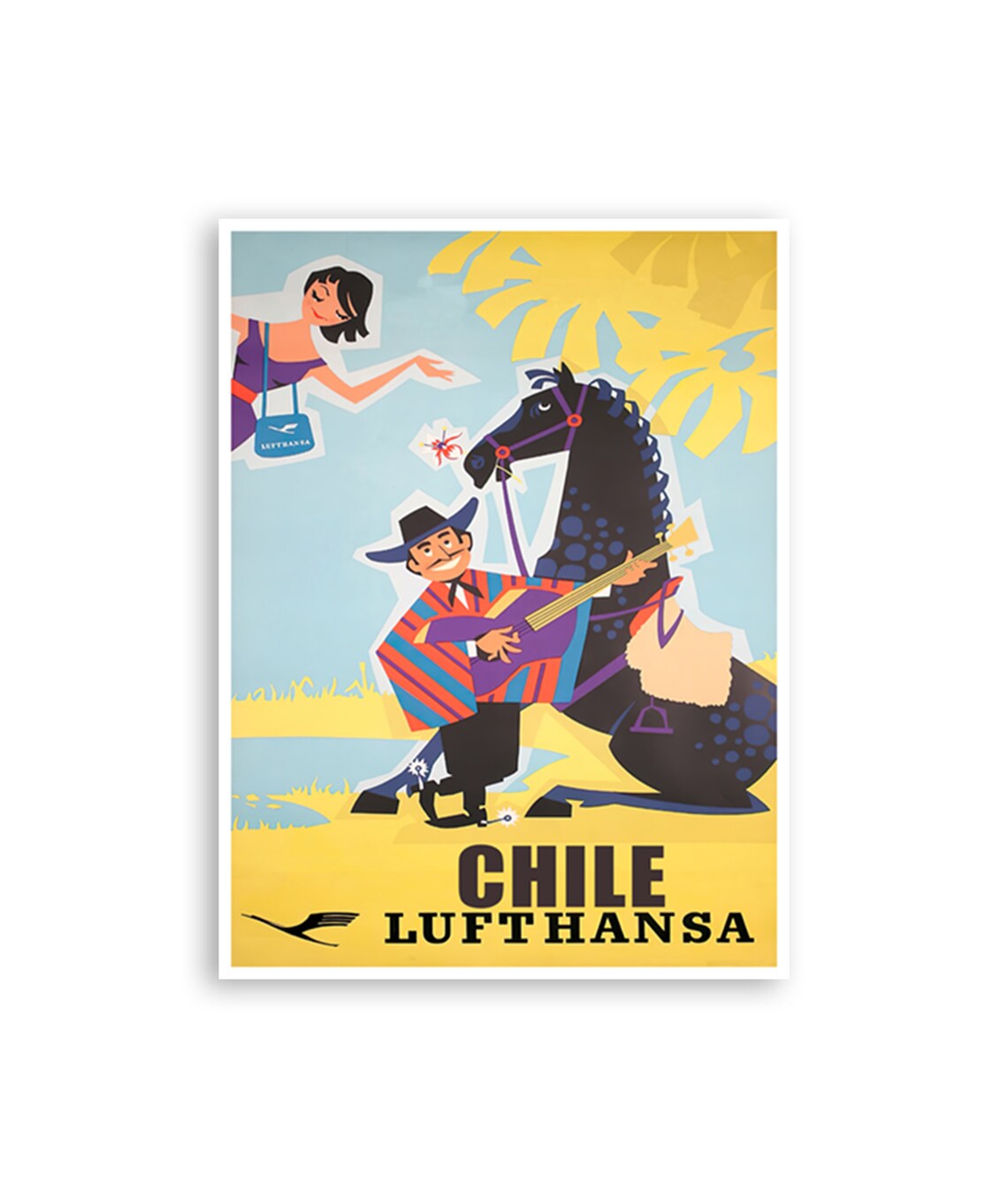 Chile Huaso Guitar Horse Lufthansa Airline Vintage Travel Poster