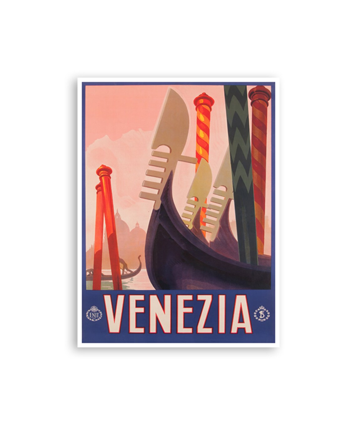 Venezia Italy Gondolas Striped Mooring Poles Pink Sky Travel Poster