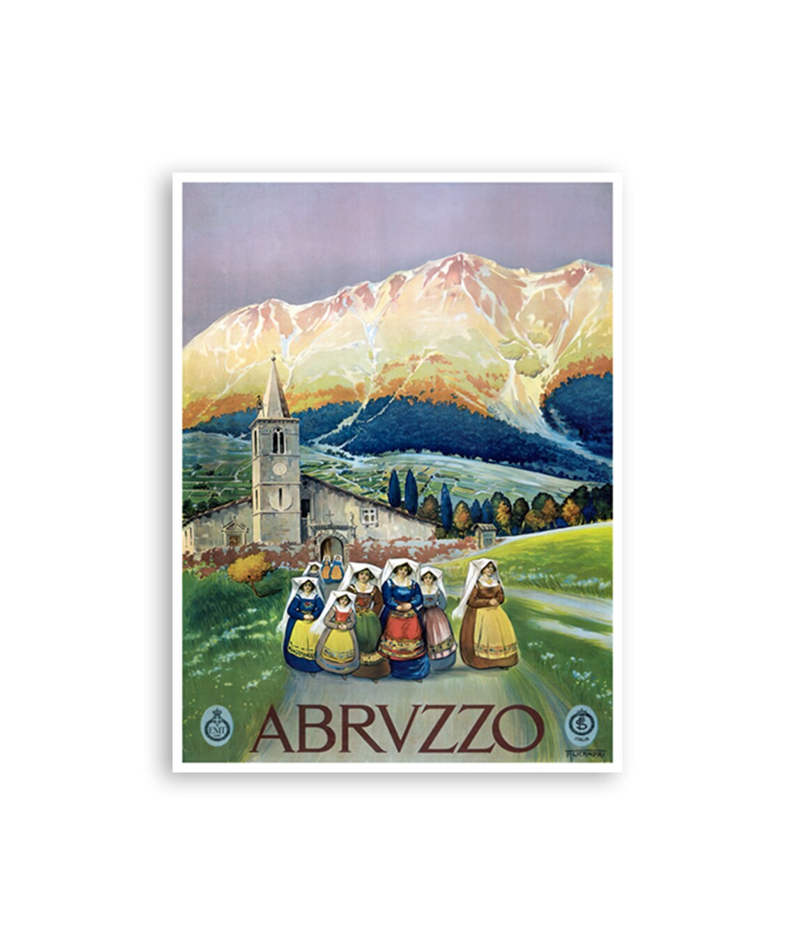 Abruzzo Italy Folk Costume Women Church Mountain Vintage Travel Poster