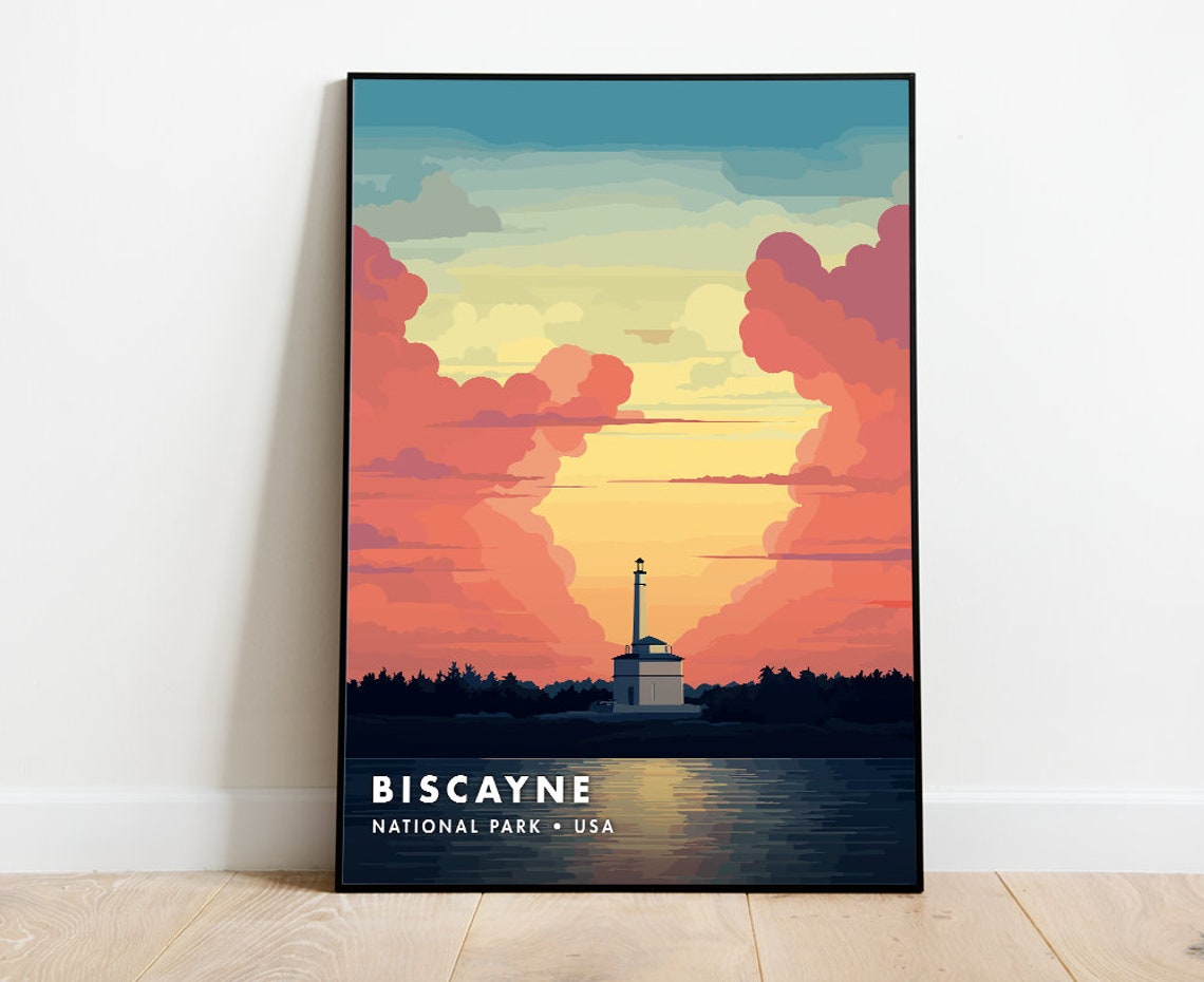 Biscayne National Park USA Lighthouse Sunset Retro Travel Art Poster