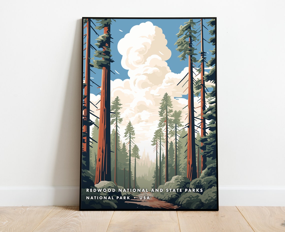 Redwood National Park USA Giant Tree Forest Vintage Landscape Poster