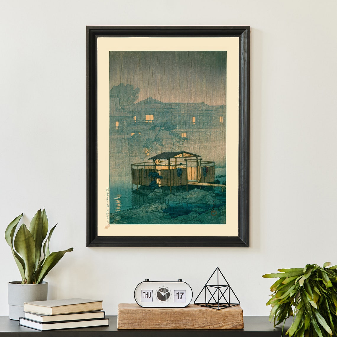 Japanese Rain Night Riverside Shelter Woodblock Style Art Poster - Image 3