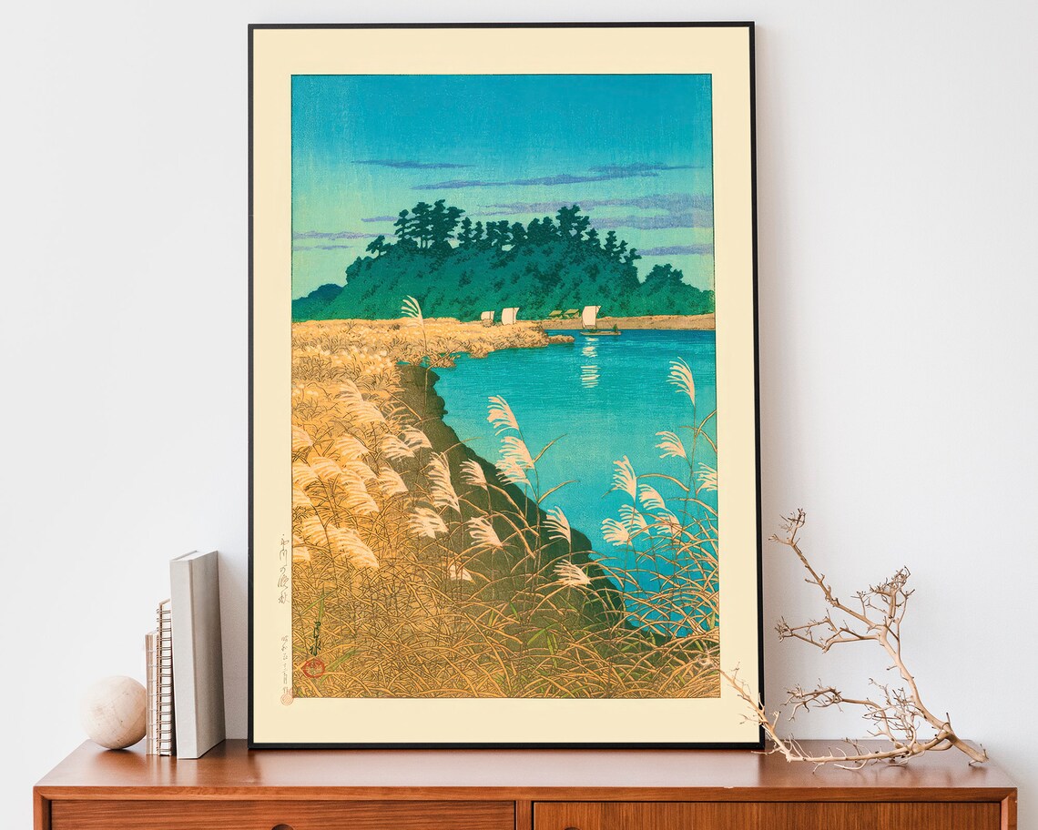 Japanese Lake Autumn Pampas Grass Sailboats Woodblock Art Poster