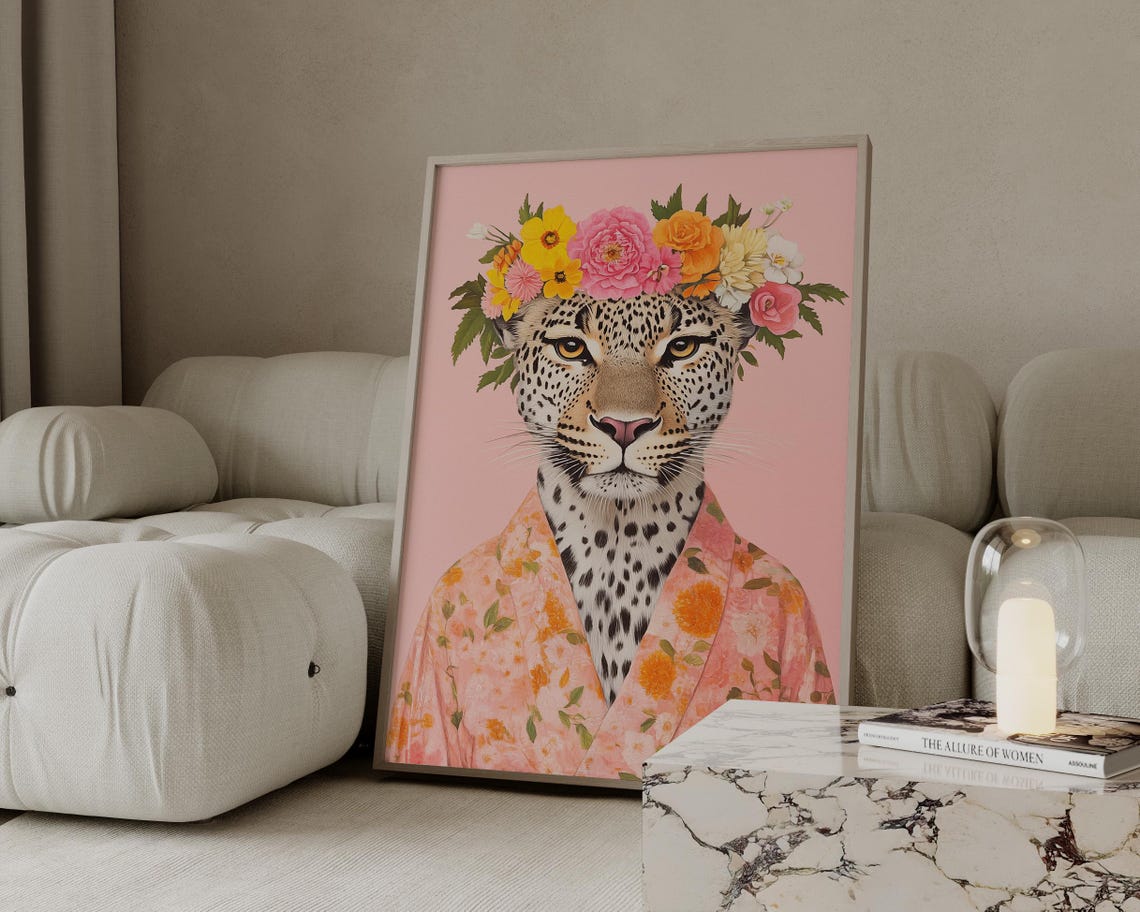 Leopard With Floral Crown Painting Kimono Style Maximalist Poster - Image 2