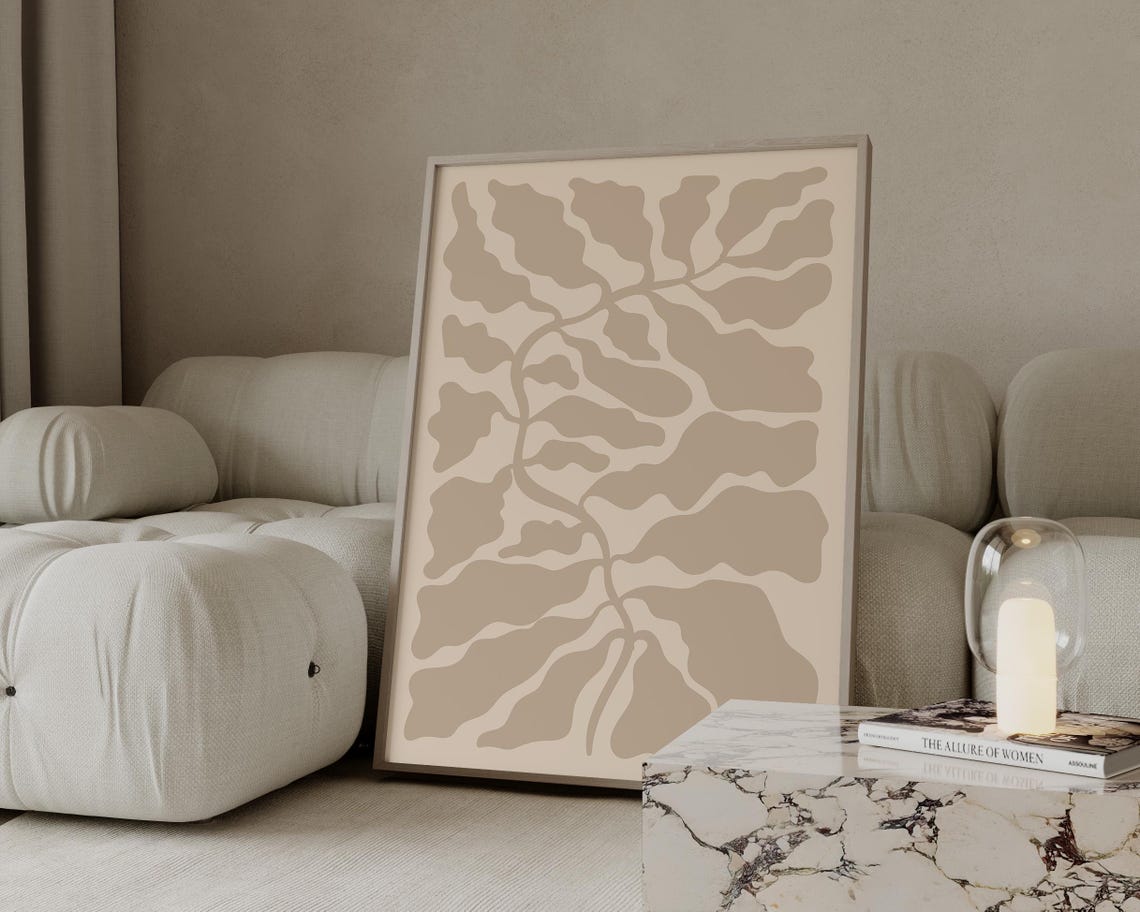 Beige Abstract Leaf Poster Modern Boho Wavy Botanical Line Art