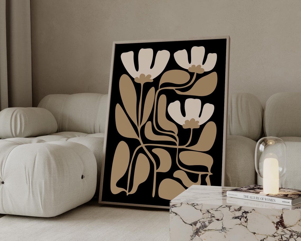 Black And Beige Abstract Wavy Flower Retro Modern Botanical Print - Image 4