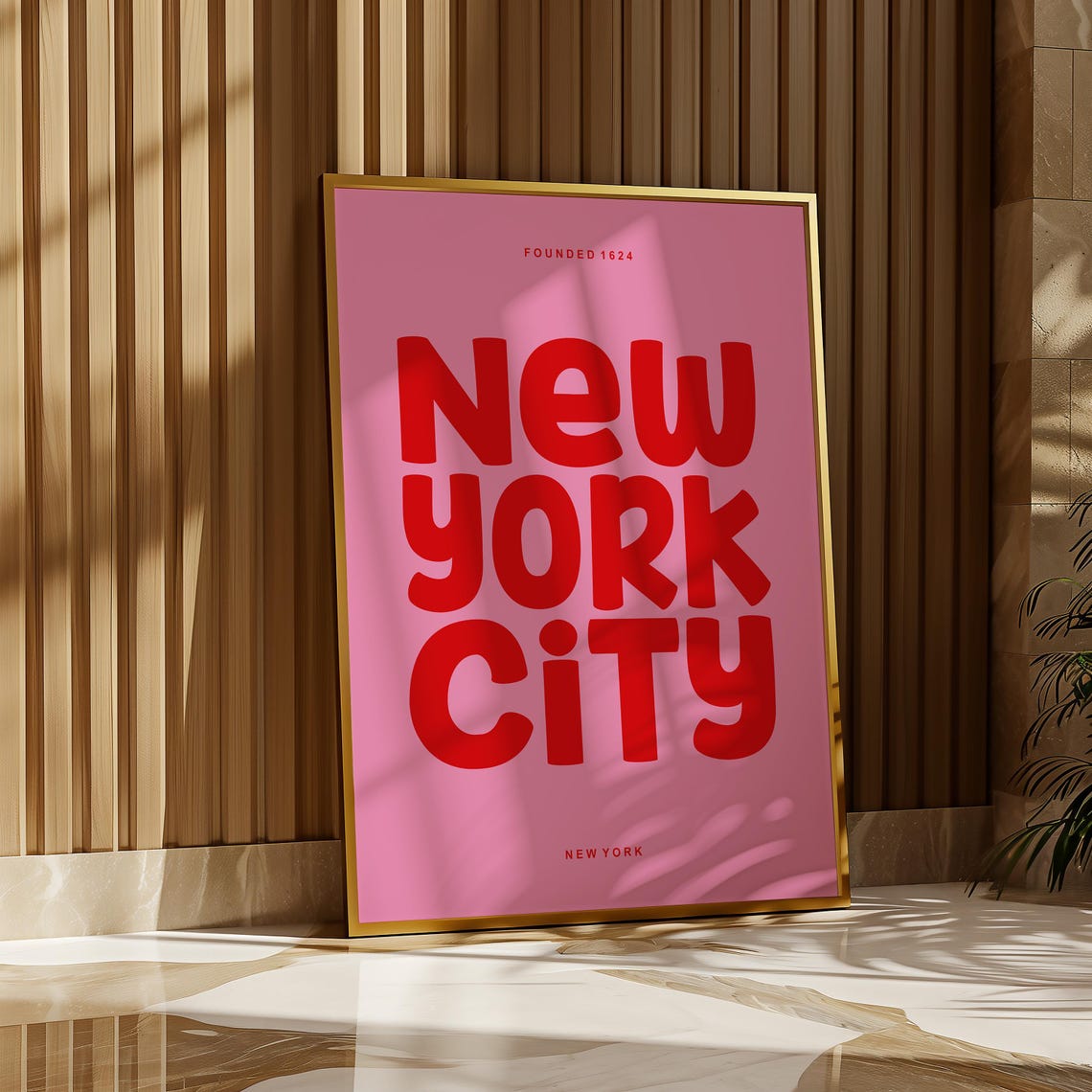 New York City Retro Typography Poster Pink Red Fun Bubble Letters - Image 4