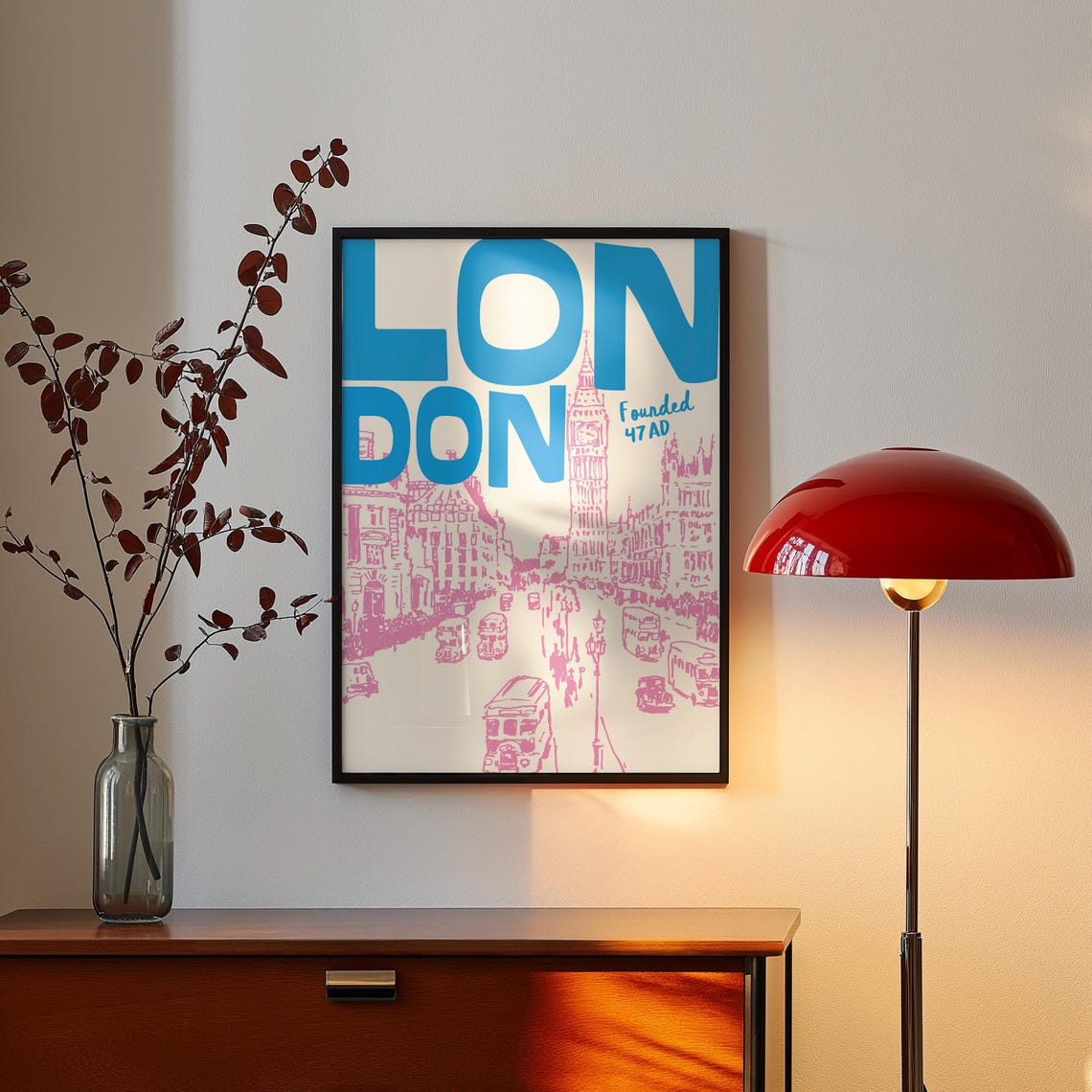 London Retro Travel Art Bold Blue Pink Big Ben Buses Wall Art - Image 3