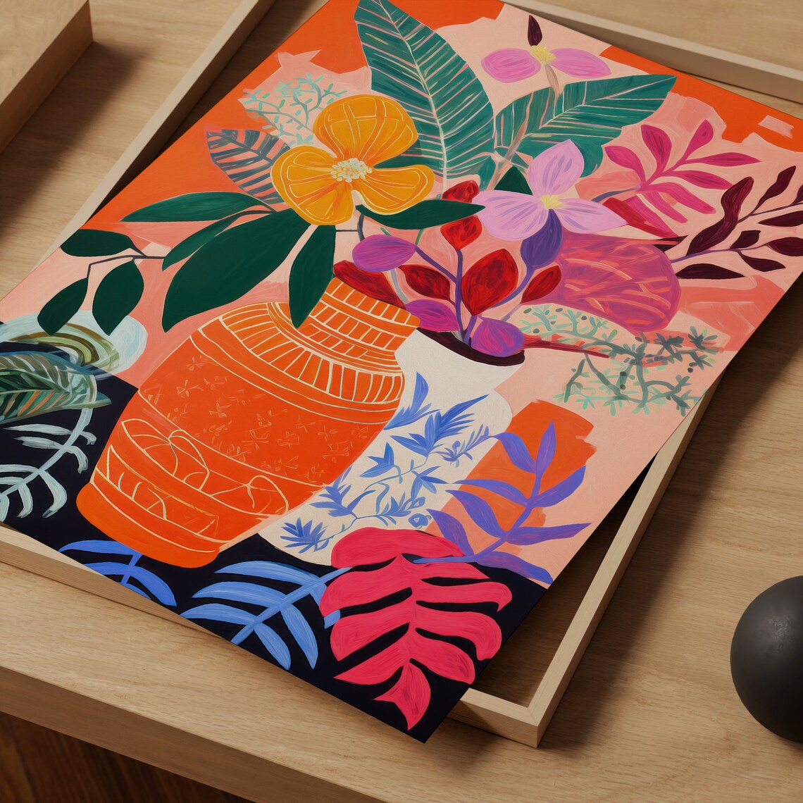 Matisse Inspired Tropical Still Life Orange Vase Colorful Wall Art - Image 3