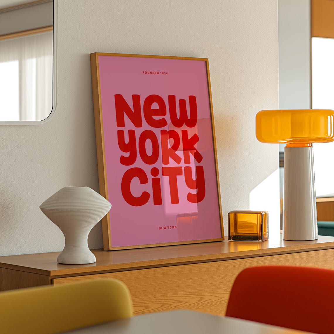New York City Retro Typography Poster Pink Red Fun Bubble Letters