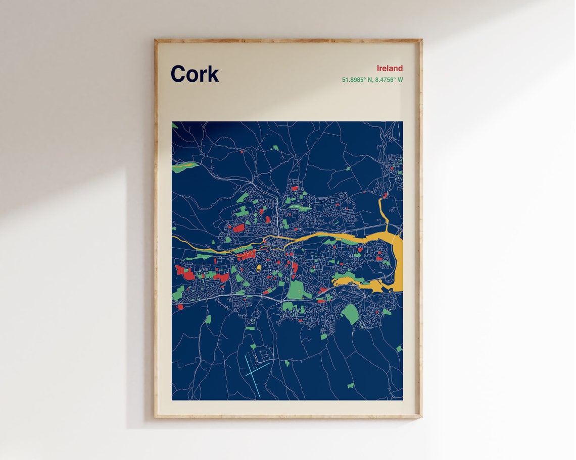 Cork Ireland Colourful River Lee City Map Poster in Navy Gold Tones