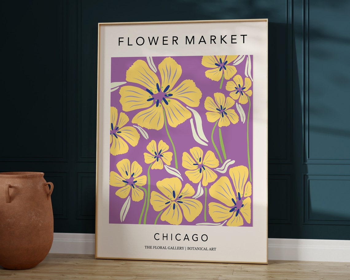 Flower Market Chicago Print Botanical Poster Retro 70s Flower Market Purple Yellow Boho Flower Market Hippie Flowers Poster F018