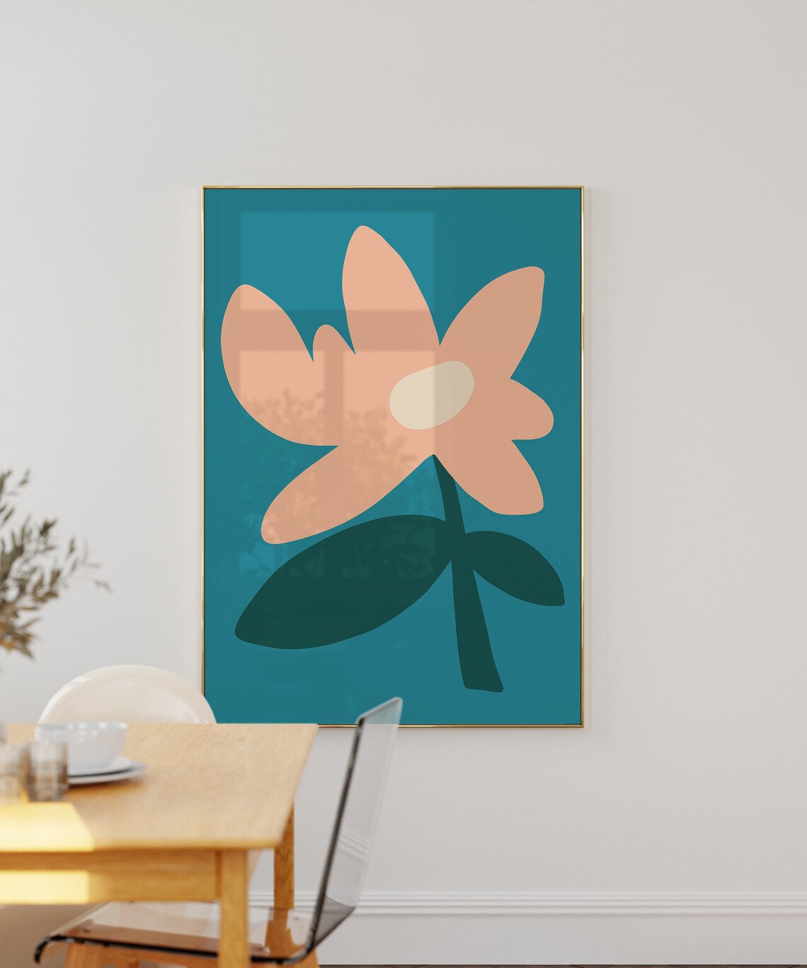 Black Flower With Coral Center Modern Abstract Botanical Poster - Image 2