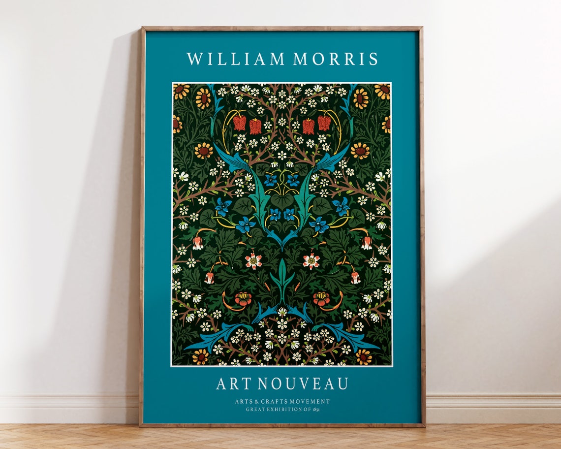 William Morris Teal Border Dark Botanical Arts And Crafts Poster
