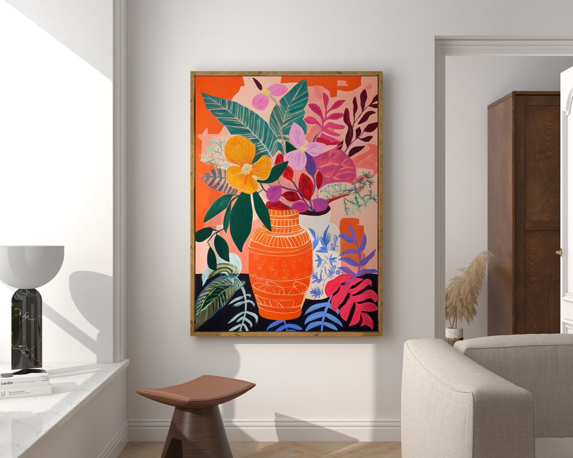 Matisse Inspired Tropical Still Life Orange Vase Colorful Wall Art - Image 2