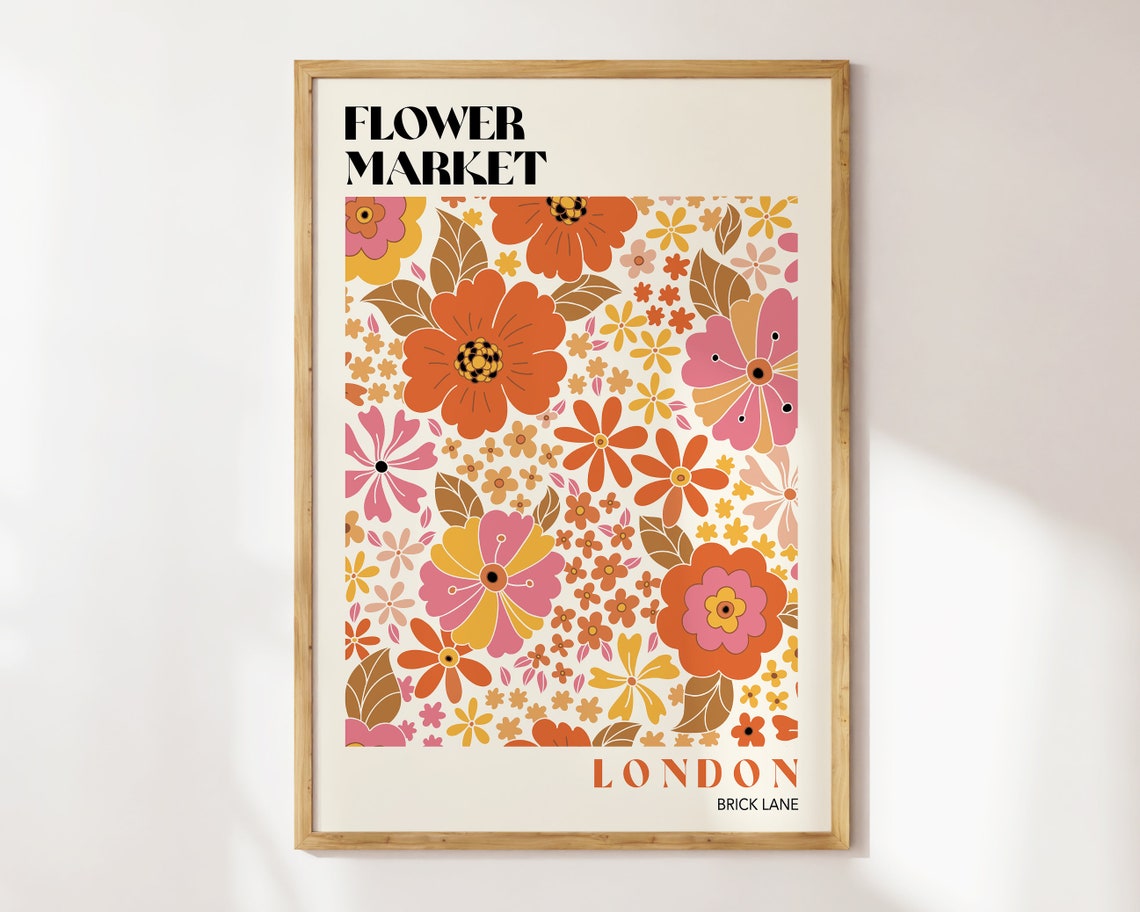 Flower Market Art Print Flower Market Poster Flower Market Wall Art Retro 70s Flower Market Flower Market Print Retro Flowers F116