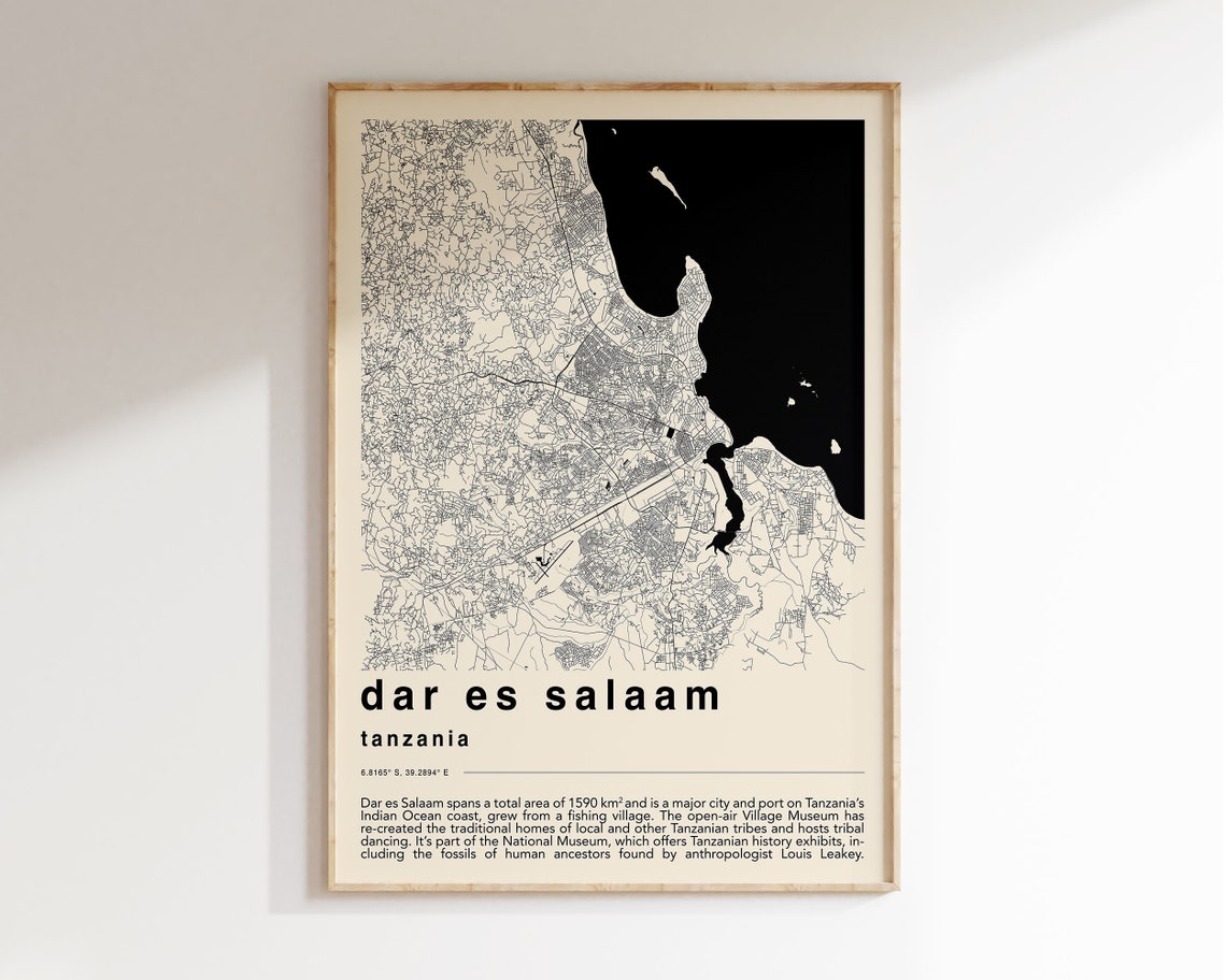 Dar Es Salaam Tanzania Minimalist Black Cream City Map Poster