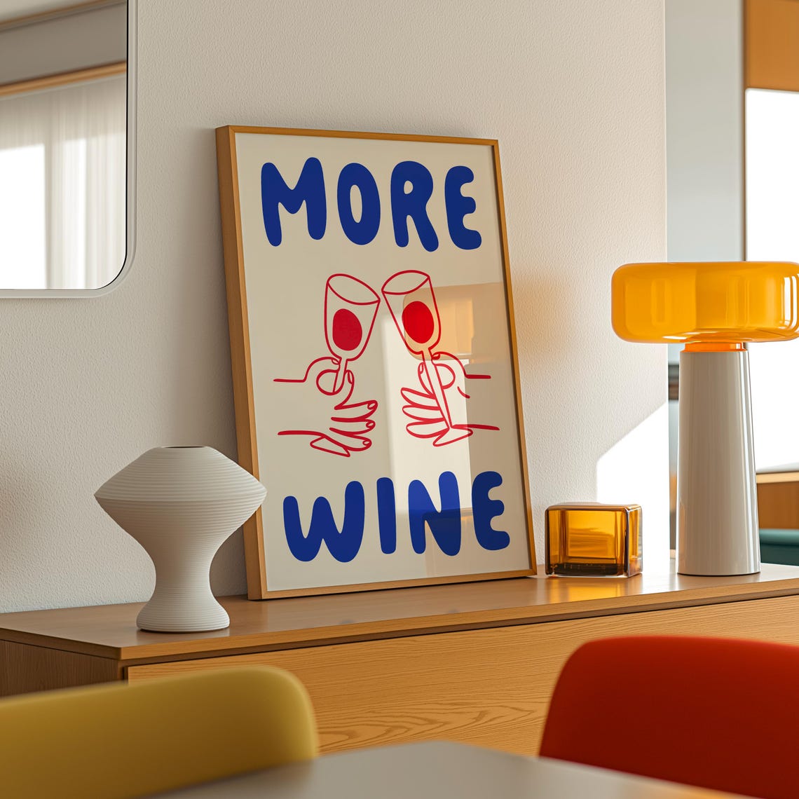 More Wine Hand Drawn Kitchen Bar Cart Blue Red Cheers Poster - Image 2