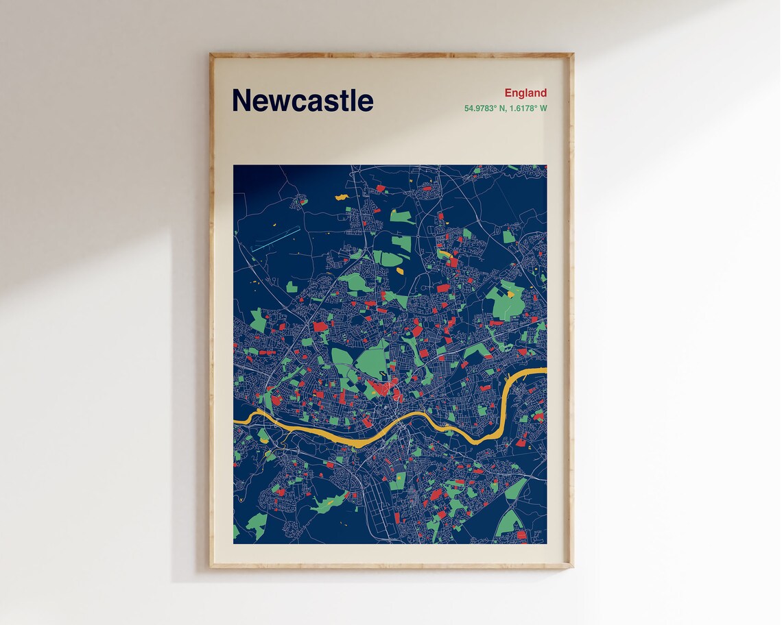 Newcastle Upon Tyne Map Print, Newcastle Travel Poster