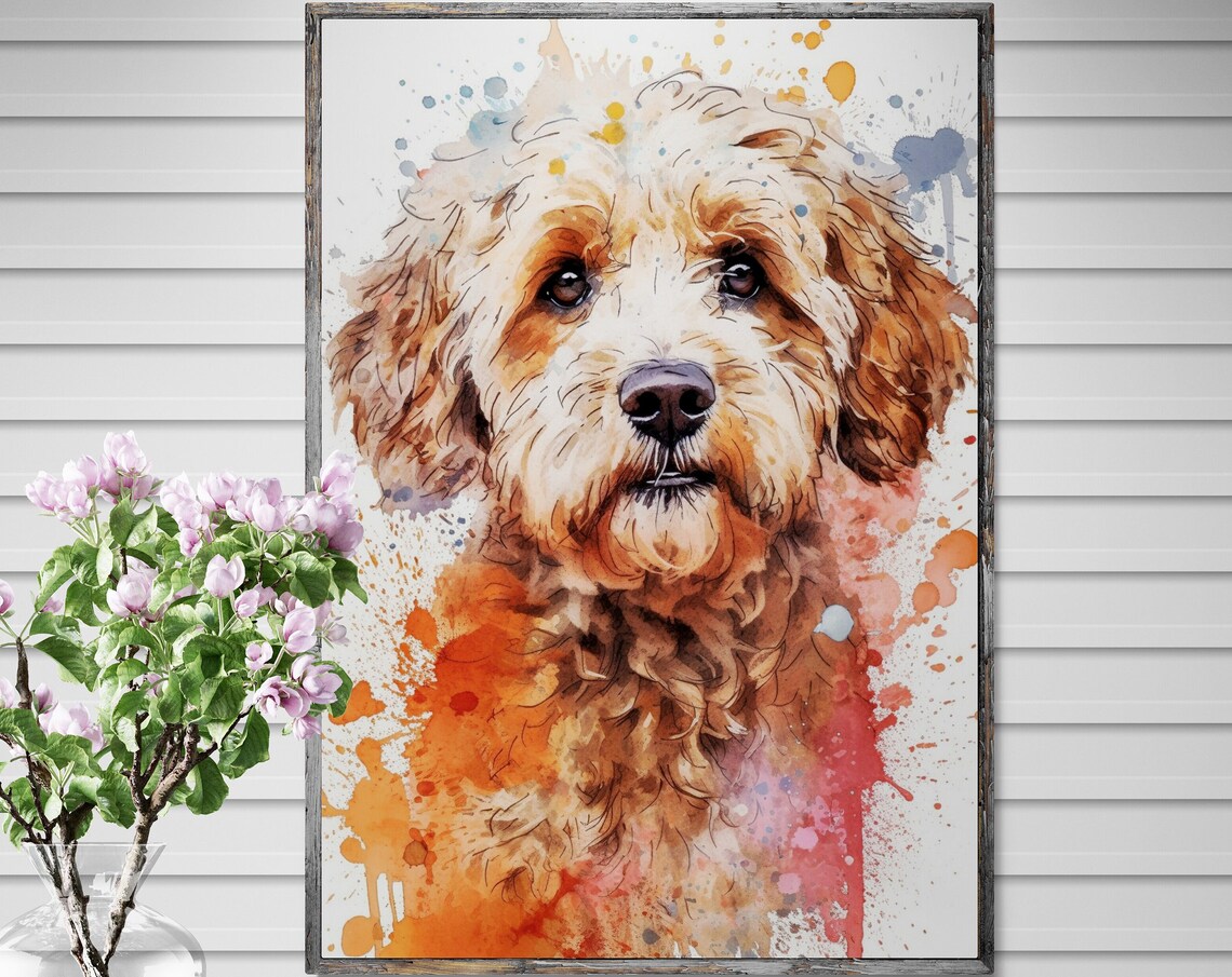 Tan Cockapoo Watercolour Portrait Coral Splash Warm Puppy Art Poster