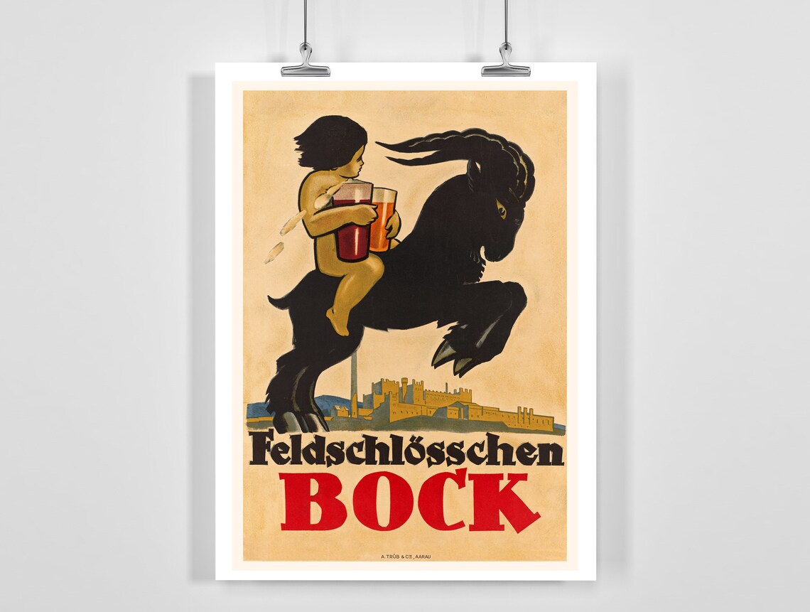 Feldschlösschen Bock Beer Vintage Goat Rider Advertising Poster