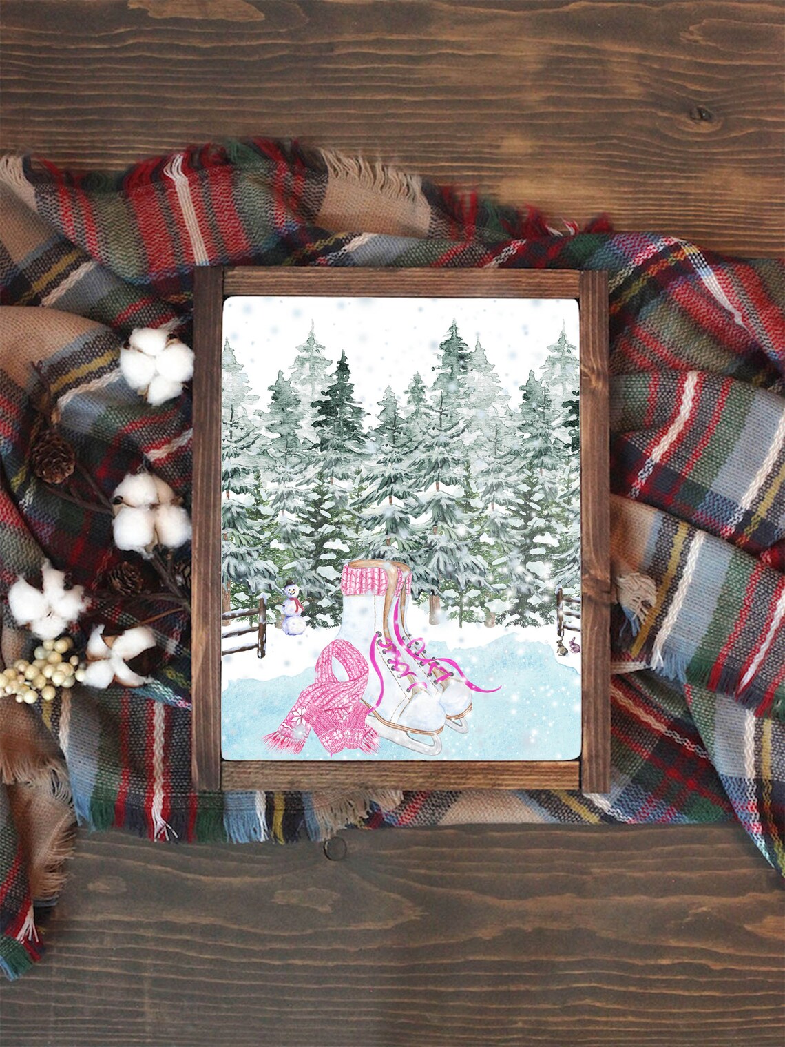 White Ice Skates Pink Scarf Frozen Pond Snowy Pines Winter Watercolor Poster - Image 2