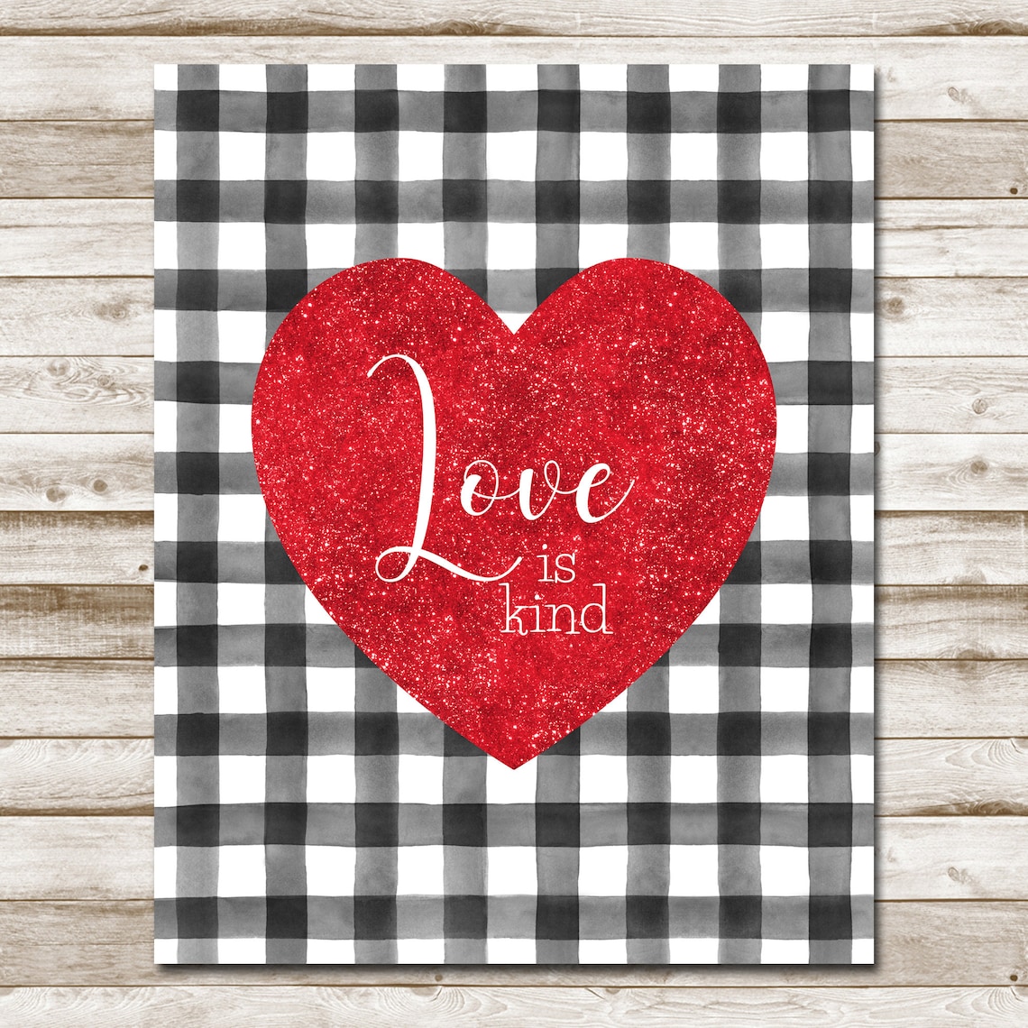 Love Is Kind Red Glitter Heart Buffalo Check Farmhouse Sign Poster - Image 5