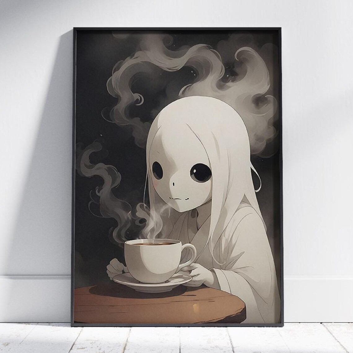 Cute Ghost Holding Steaming Coffee Spooky Sweet Halloween Poster