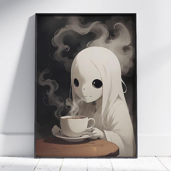 Cute Ghost Holding Steaming Coffee Spooky Sweet Halloween Poster